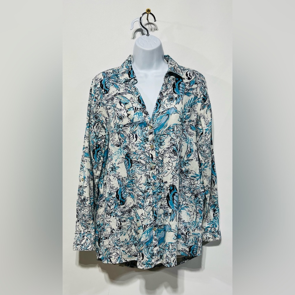 TAHARI Coral Birds Blue‎ and White 100% Linen Button Down Top Size Small